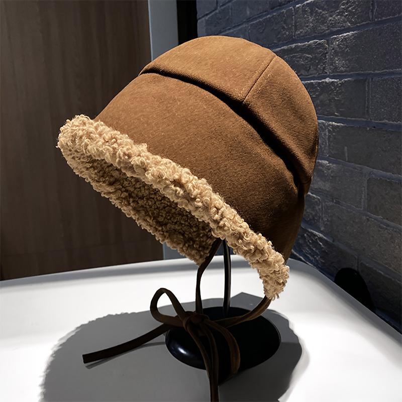 1PC Faux Shearling Warm Windproof Fashion Face Slimming Thickened Plush All-Match Bucket Hat Korean Women Winter 57.5cm