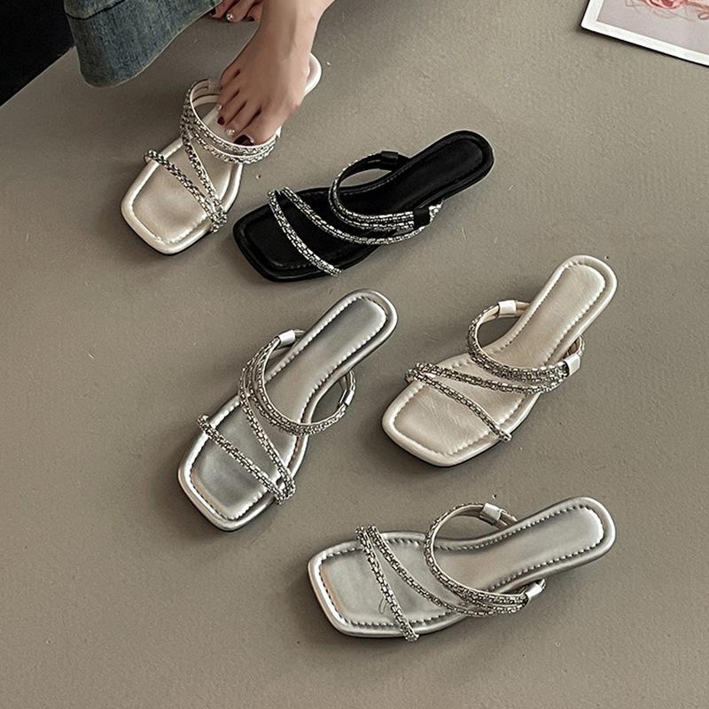 French low-heeled temperament cool slippers fairy shoes summer wear strap slippers combination rhinestone wedge sandals woman