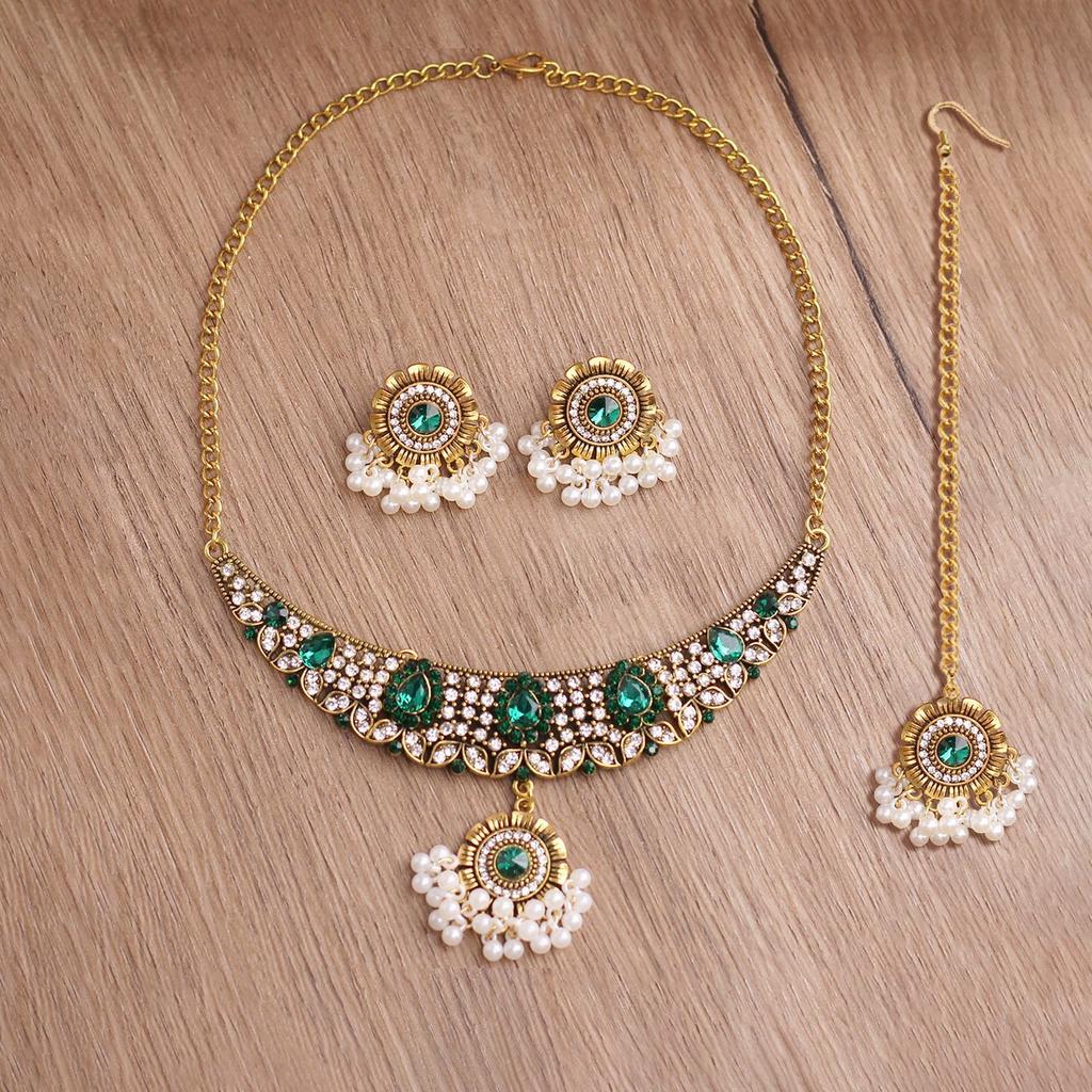 Indiase Strass Kwast Ketting en Oorbellen Set, 3-delige Etnische Mode Sieraden
