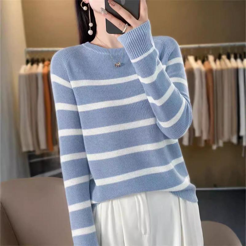 Striped Crew Neck Wool Sweater Design Sense Retro and Thin Sweater Top with Knitted Sweater Inside and Knitted Sweater Outside