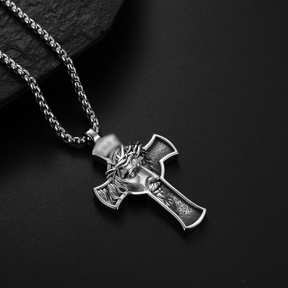 Retro Stainless Trendy Steel Portrait Cross Necklace Pendant Premium Crafted Fashion Accessory