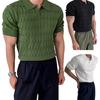 Men Top Turn-down Collar V Neck Jacquard Knitted Solid Color Short Sleeves Loose Stretchy