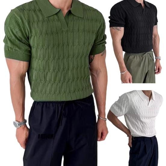 Men Top Turn-down Collar V Neck Jacquard Knitted Solid Color Short Sleeves Loose Stretchy