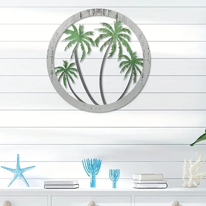 1pc Metal Palm Tree Wall Plaque Decorative Round Wall Art for Outdoor Spaces Stylish Hanging Palm Tree Décor Ideal Wall Sticker