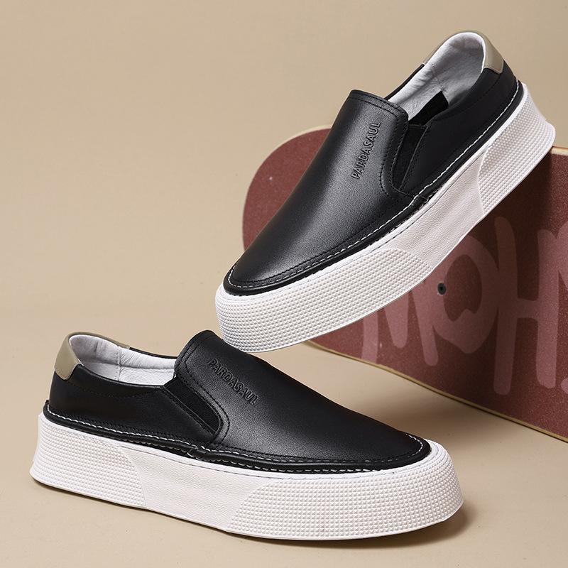 European station men's shoes spring and summer one-pedal trendy shoes soft cowhide loafers breathable black versatile platform casual board shoes