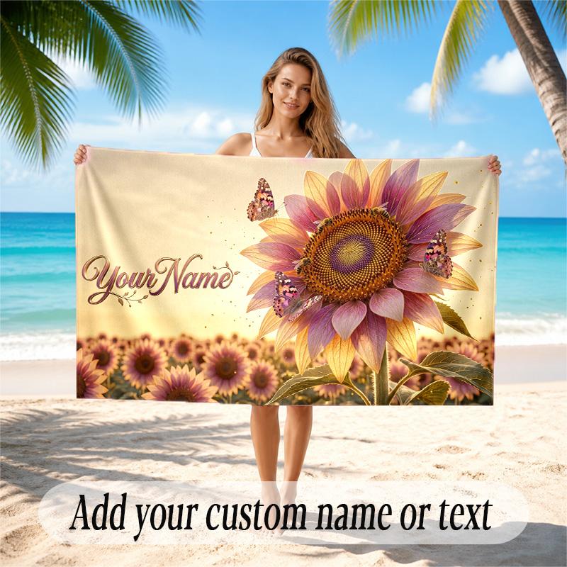 Floral Garden Theme Quick Dry Beach Towel Custom Name Text Print Large Sand Resistant Towel Beach Vacation