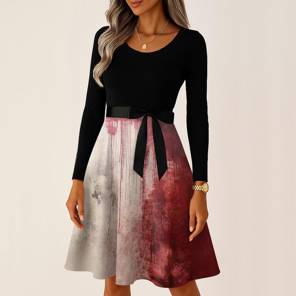 Women's Casual Long Sleeve Halloween Print Vintage Dress Round Neck A-Line Fit and Flare Midi Dress with Bowknot Waist