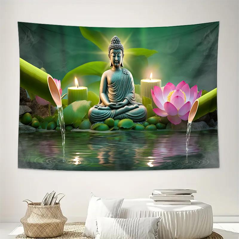 Buddha Lotus Water Candle Zen Meditation Wall Tapestry Machine Washable All Season Decor Art Print Spiritual Design Home 74x94cm(29x37in)