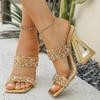 Fashion Luxury Gold Glitter Strap Square Toe Sandals Women Brand Design Strange Heels Slippers Women Shiny Rhinestone Party Dress Shoes