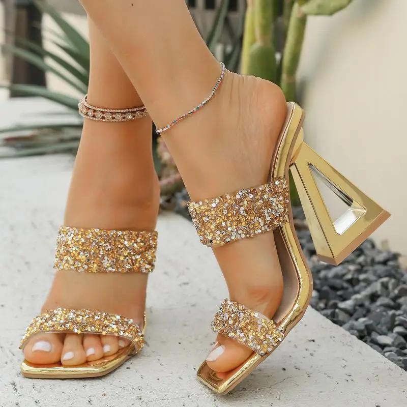Fashion Luxury Gold Glitter Strap Square Toe Sandals Women Brand Design Strange Heels Slippers Women Shiny Rhinestone Party Dress Shoes