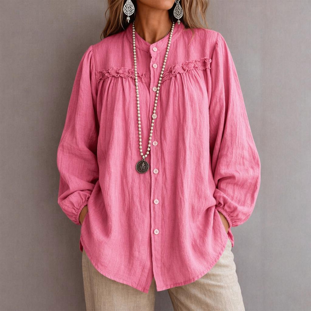 Women's Fall Long Sleeve Blouse with Embroidery and Cutout, Round Neck Loose Fit Casual Shirt