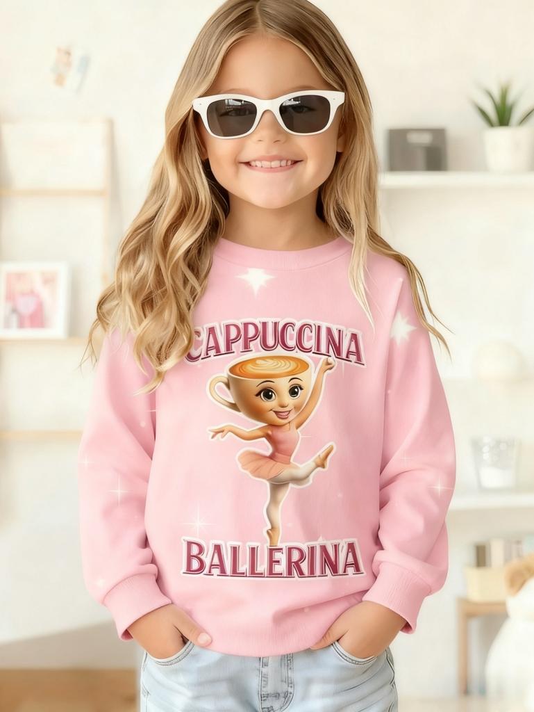 Italian Brainrot Girl Clothes Cute Cappuccina Ballerina Crew Neck Sweatshirts Casual Loose Fit Long Sleeve Autumn Girls Hoodies