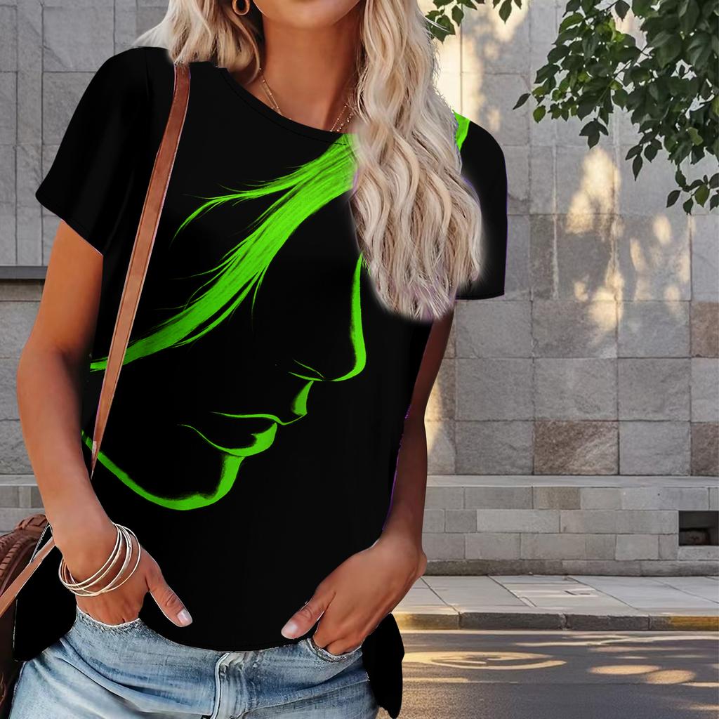 Women Summer T Shirt Side Face Print Retro Fashion Short Sleeve Tees Casual   Printed  Tops