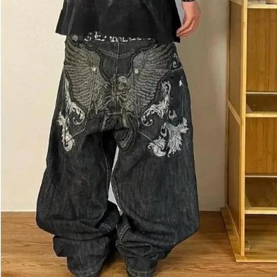 ZYLLO Amerykańskie Jeansy Haftowana Czaszka Spodnie Y2K High Street Letnie Luźne Denim Trend Retro Hip-hop Casual Jeansy Street Wear
