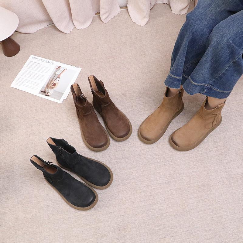 Johnature Versatile Solid Color Short Boots Retro Genuine Leather Round Toe Flat Women's Shoes