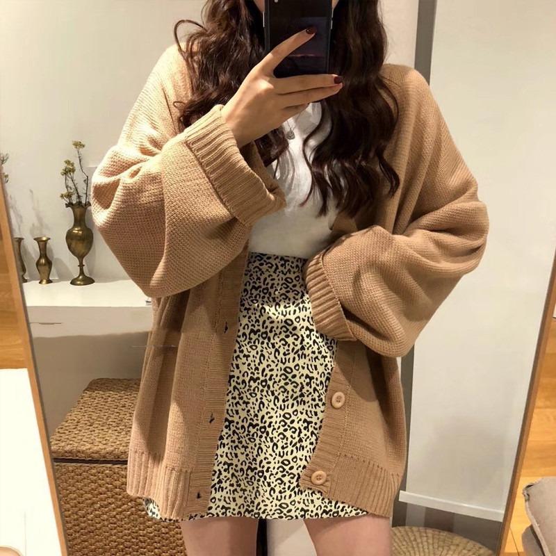 Autumn Winter Korean Fashion V-neck Cardigan Sweater Knitted Loose Casual Coats Office Long Sleeve Elegant Solid Color Jackets Simple Clothing