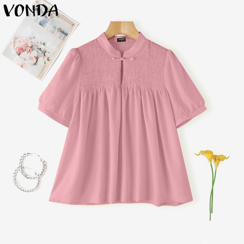 

VONDA Summer Women Short Sleeve Ruffled Solid Color Casual Blouse 4XL розовый