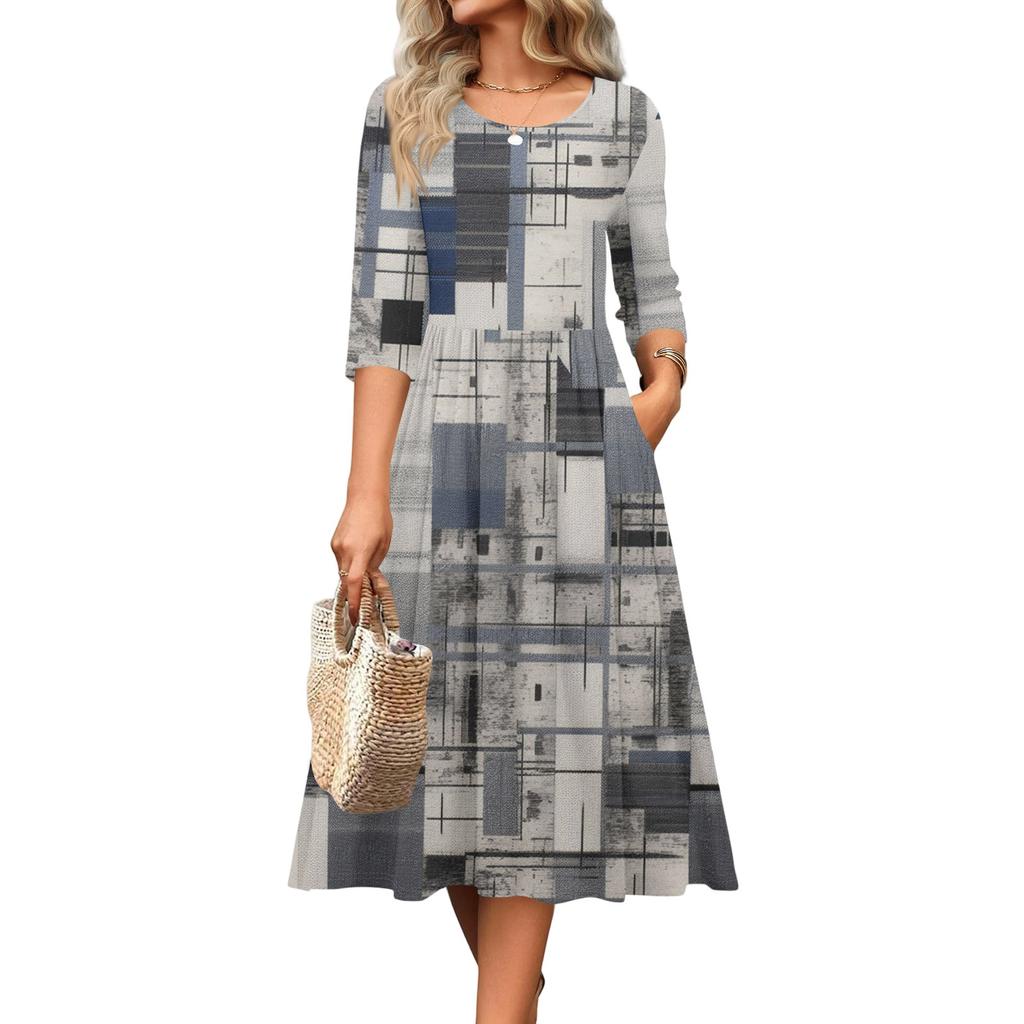 Rochie de damă cu mâneci 3/4, casual, fluidă, în A, midi, tip tricou, cu buzunare, cu gât rotund, pentru vacanță, boho, de plajă, de vară