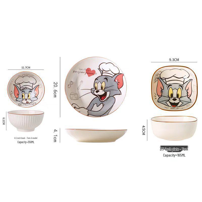 Tom & Jerry Ceramic Bowl and Plate Set: Cartoon Underglaze Color, Heat-Resistant, High-Value Tableware.
