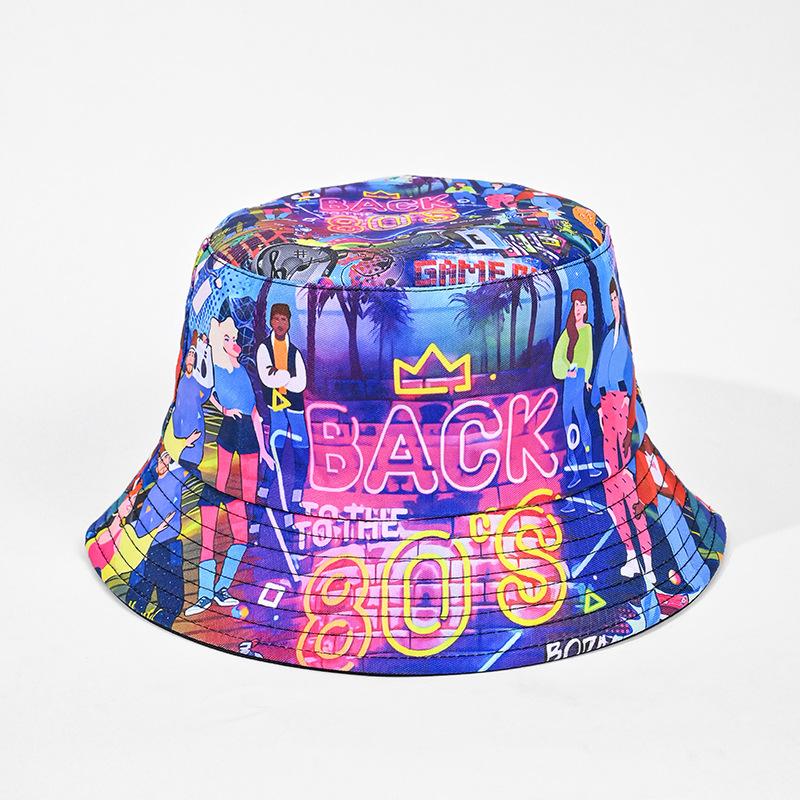 Klasyczny dwustronny kapelusz bucket modny graffiti wiosna i lato nowy retro daszek przeciwsłoneczny