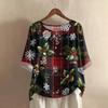 Women's Fashionable And Casual Shirt Half-sleeve Round Neck Print Cotton And Linen Blouse Top