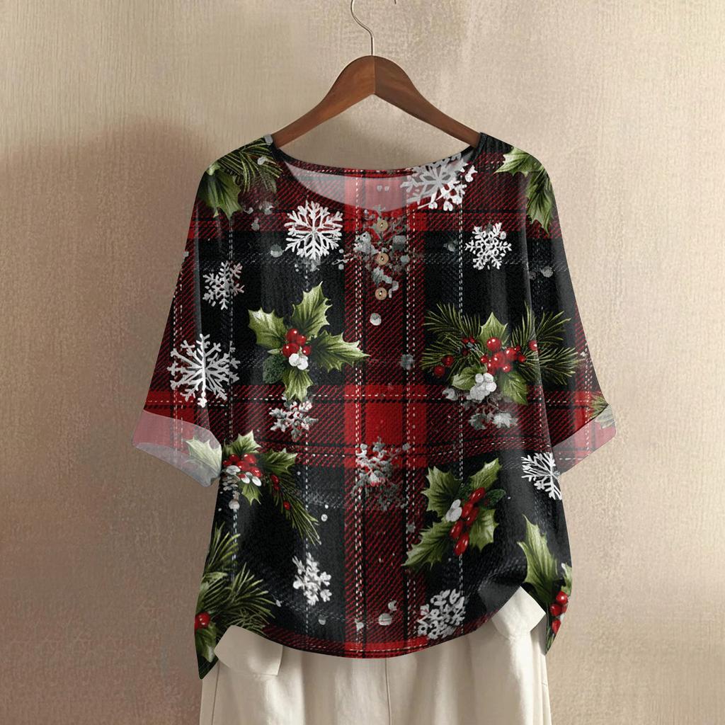 Women's Fashionable And Casual Shirt Half-sleeve Round Neck Print Cotton And Linen Blouse Top