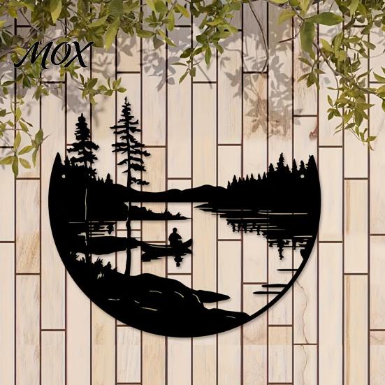 Wohnzimmer Wandbehang Kunst Runde Naturszene Eisenkunst, Waldsee Bootfahren Metalldekor, Wetterfeste Gartenornamente Rustikales Hintergrundornament