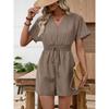 Women's V Neck Short Sleeve Faux Denim Romper Cinched Waist Jumpsuits Casual One Piece Outfits
