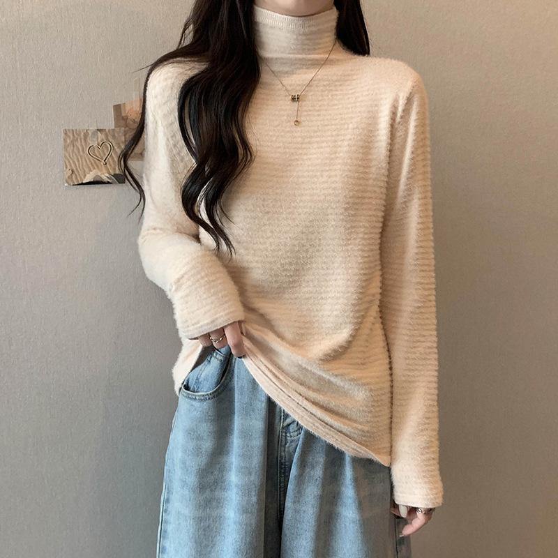 Women's Winter 2022 Mink Velvet Lace Shirt - Slim Fit, Half-High Collar, Solid Color Top