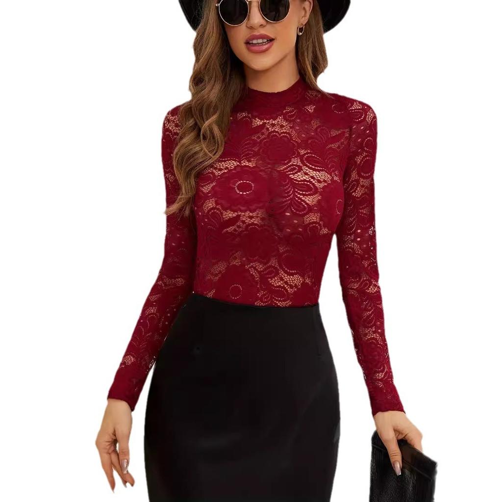 Spring Versatile Lace Slim Outerwear T Shirt Long Sleeve Base Layer Hollow Out Slim Fit Fashion Daily Basic Casual Slim Fit Ladies Elegant Top