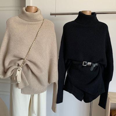 Women Sweater Solid Color High Neck Long Sleeve Knit Sweater Slim Fit Irregular Hem Mid-length