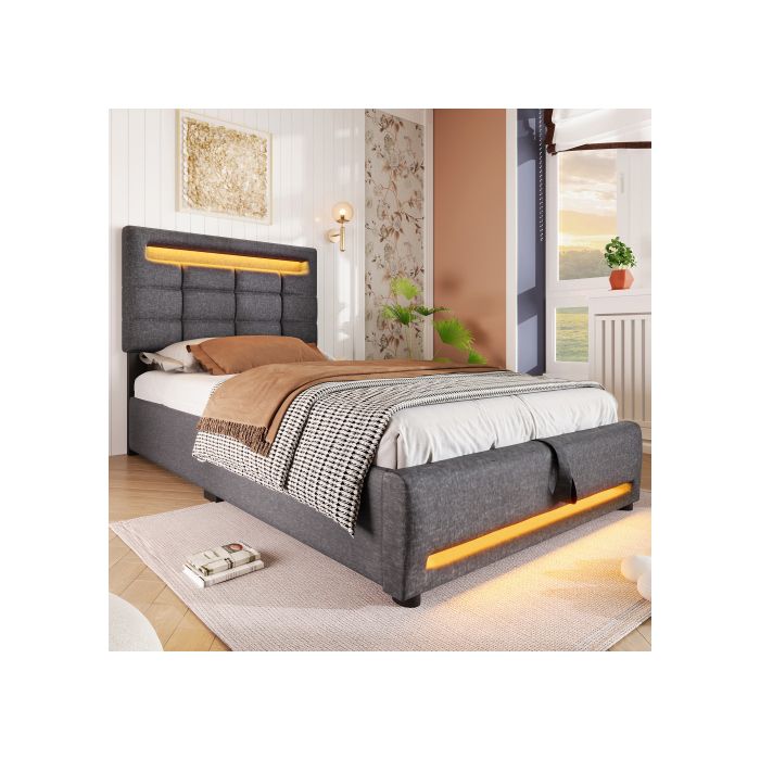 Lit Rembourré - MUVOE - 90x200 Cm - Gris - Support Hydraulique - Télécommande APP