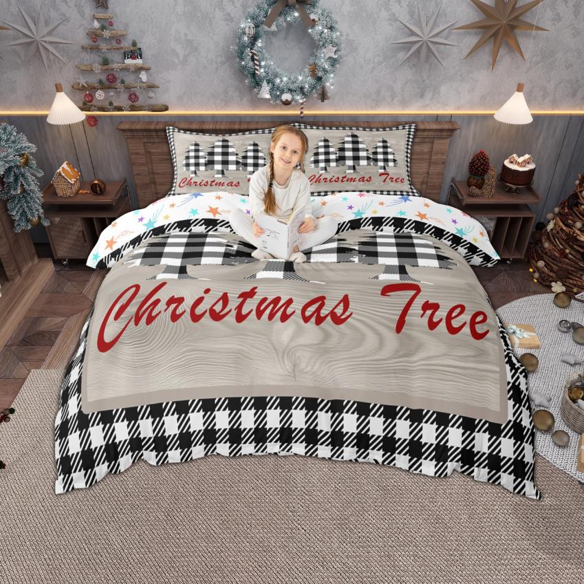 Homewish Merry Xmas Bettbezug-Set für Jungen Mädchen, Weihnachtsbaum Rentier Bettwäsche, Kawaii Schneemann Weihnachtsmann Bettdeckenbezug-Set