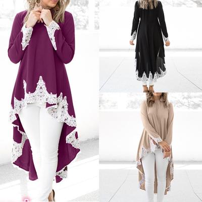Damen Langarm Casual O-Ausschnitt Pullover Unregelmäßiger Saum Einfarbig Spitze Kleid