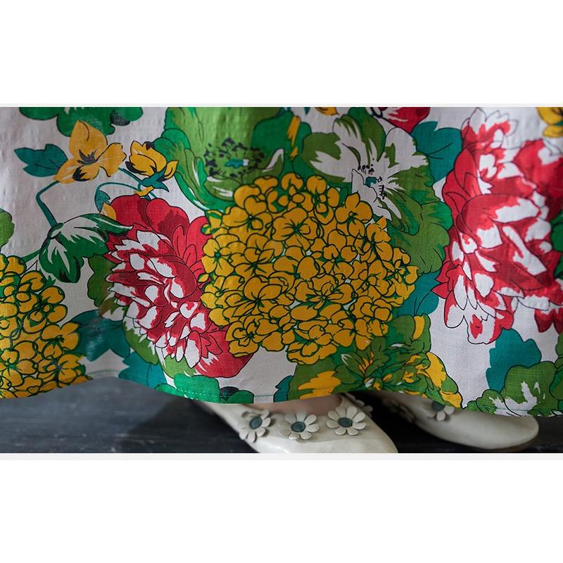 Big Size Women's Printed Cotton Linen Long Dress Female Spring and Summer Loose Literary Temperament Thin Round Neck Retro Long-sleeved Dresses