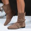 Round Toe Motorcycle Boots Women Metal Bule Velvet Surface Knight Sle Mid-Calf Flat Heel Booties Hight Top Shoes