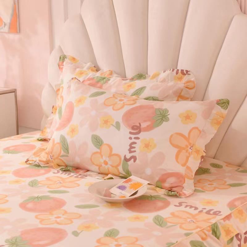3pcs Sheet Set High Grade 100% Cotton Printed Bedspread King Queen Size Cute Pure Cotton Thick Bed Skirt with 2pcs Pillowcase