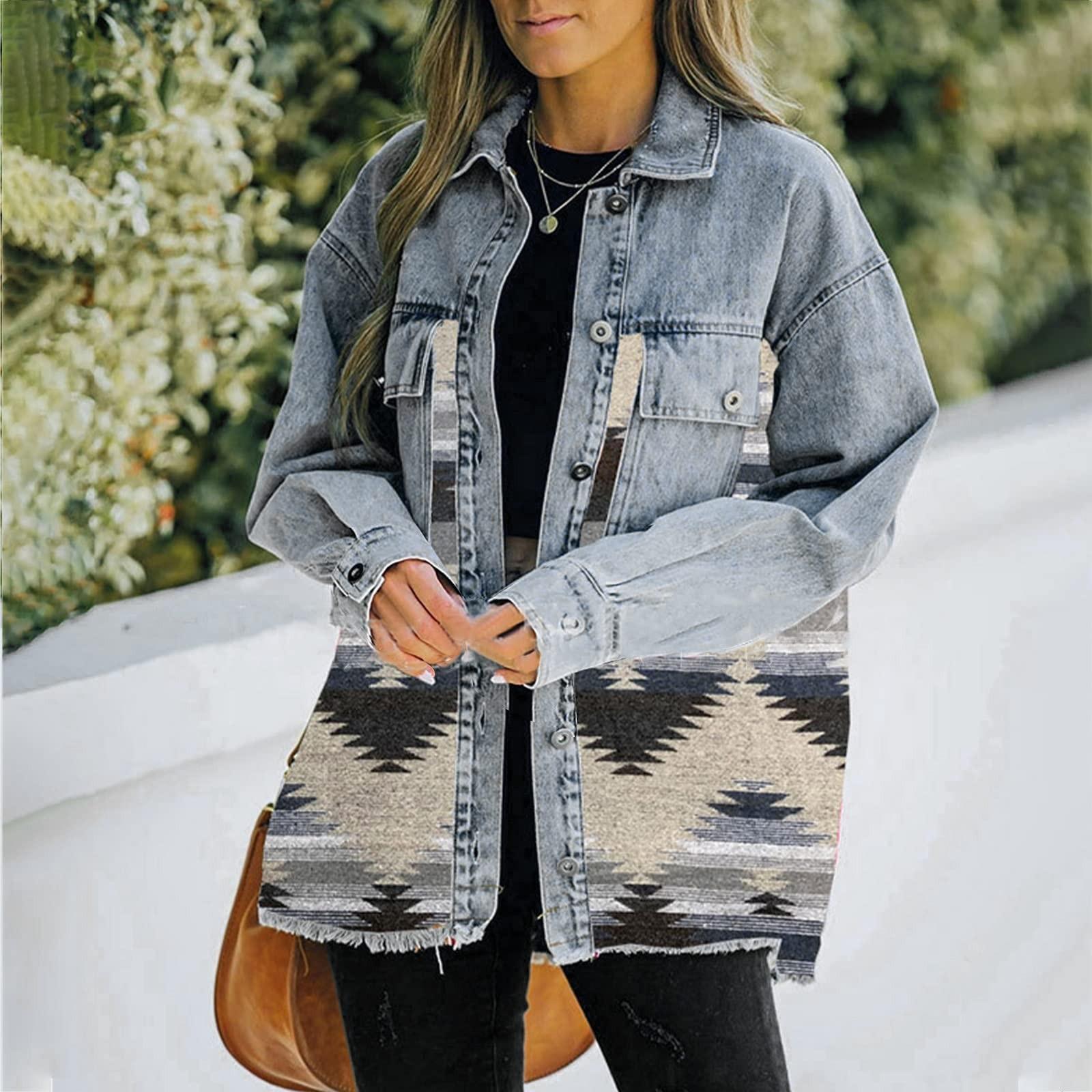 

Women Loose Casual Denim Jacket Female Jacket Long Sleeve Black Trim Coat With Pockets M