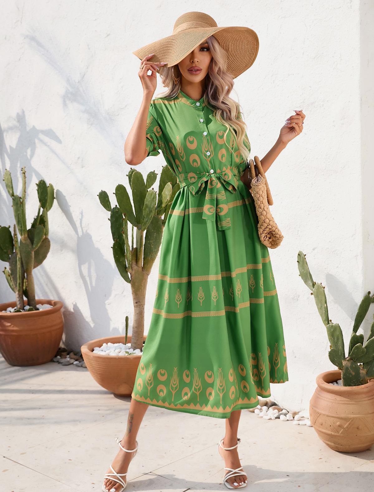 

Elegant Long Dress with Floral Geometric Print, Belted Waist, Button-Up Collar, Ankle-Length A-Line Skirt XXL
