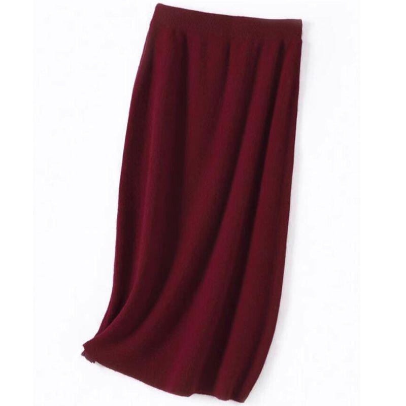 Autumn Winter Women's Red Knitted Half Skirt High Waist Knee-Length Bodycon Pencil Skirt Slim-Fit Wool Skirt