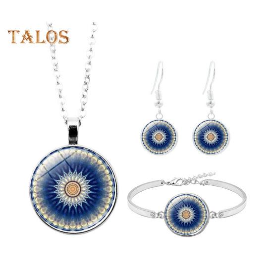 1 Set Women Jewelry Set Flower Print Glass Pendant Vintage Ethnic Style Prom Party Earrings Necklace Bracelet Combo Ideal Christmas Gift