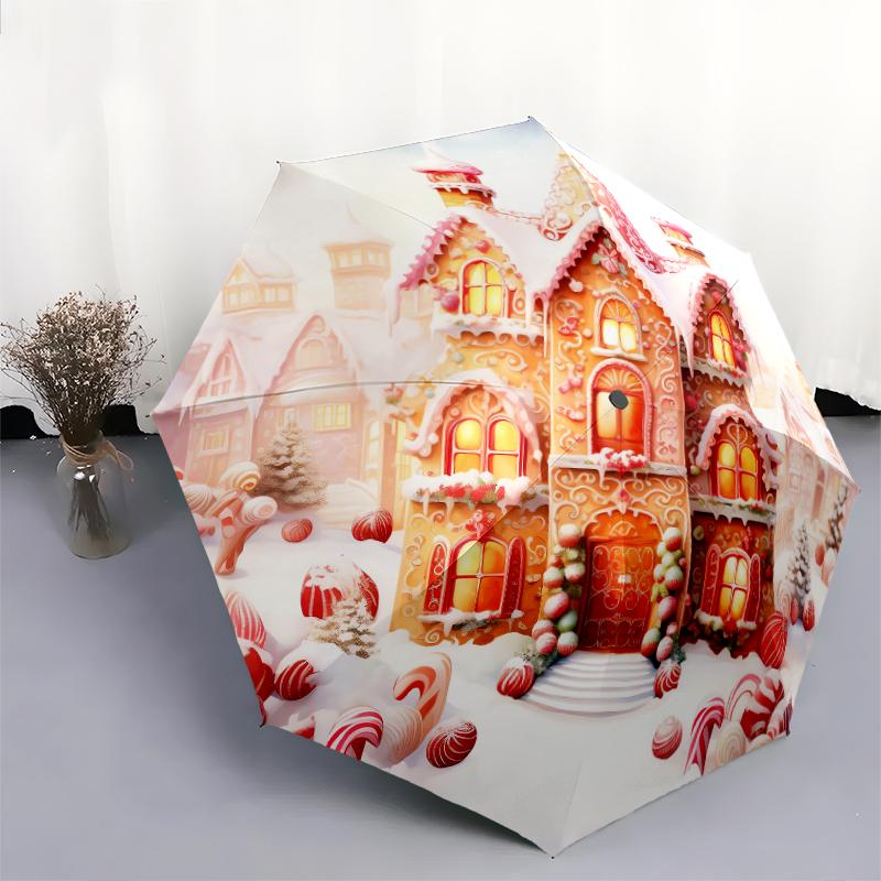 1 PC Automatic Folding Umbrella - Santa Claus, cat, gingerbread house Pattern, Portable & Foldable Design with 11 Ribs, Christmas Birthday Gifts