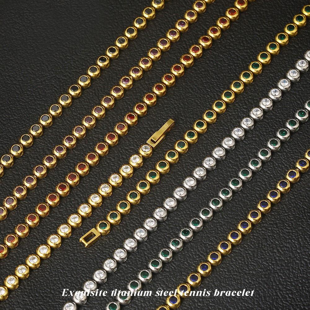 Women Dainty Trendy CZ Jewelry Gift 5mm Multi Color 5A ZIRCON Bezel 14K Gold Plated Stainless Steel Waterproof Tennis Bracelet