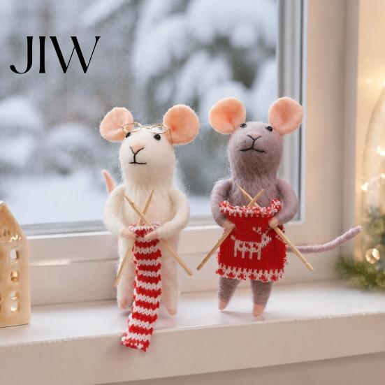 Soft Wool Felt Animal Figurines Christmas Mouse Ornament, Handmade Felted Hanging Decoration, Knitting Theme Xmas Tree Baubles Cute Doll for