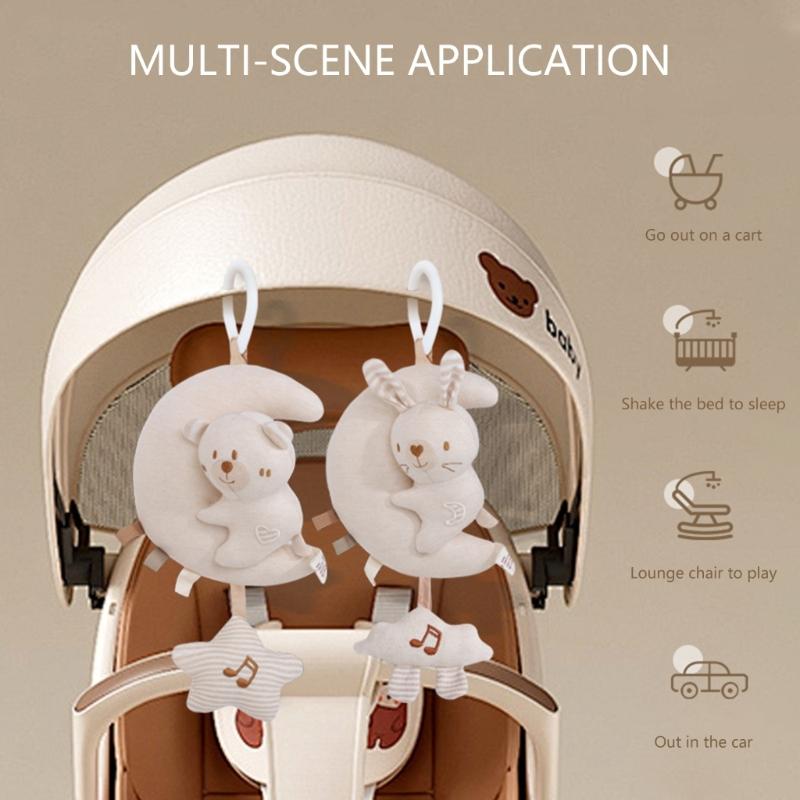 Plush Infant Car Seat Toy With Music Sounds Crib Mobile Hanging Toy For Soothing Baby Travel Bed Bell Cartoon Hanger