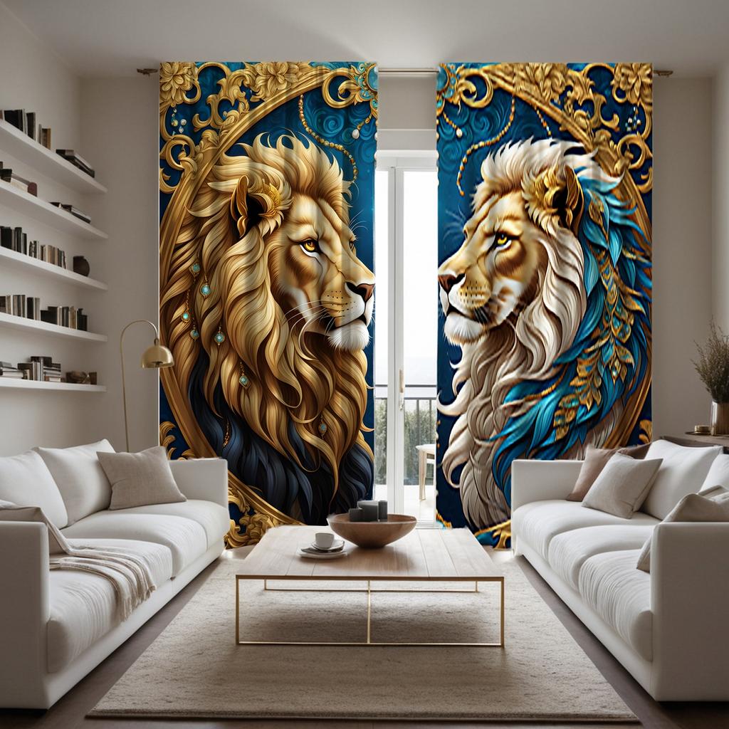 2 Stück HD Europäischer Vintage Löwe Gesicht zu Gesicht dekorativer Vorhang Gelber Bindevorhang digital bedruckt Heimdekorationsstil decora