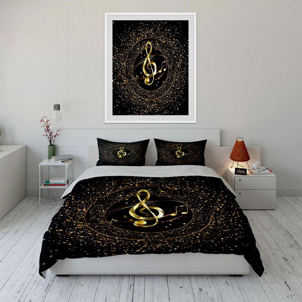 3-teiliges goldenes Violinschlüssel-Glitzerstern-Bettwäsche-Set Schwarz Musiknoten-Bettwäsche Enthält 1 Bettbezug und 2 Kissenbezüge Geschenk