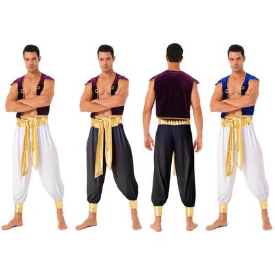 Mens Arabian Prince Costume Cap Sleeve Vest Belted Bloomers Pants Roleplay Halloween Fancy Dress Ball Outfit