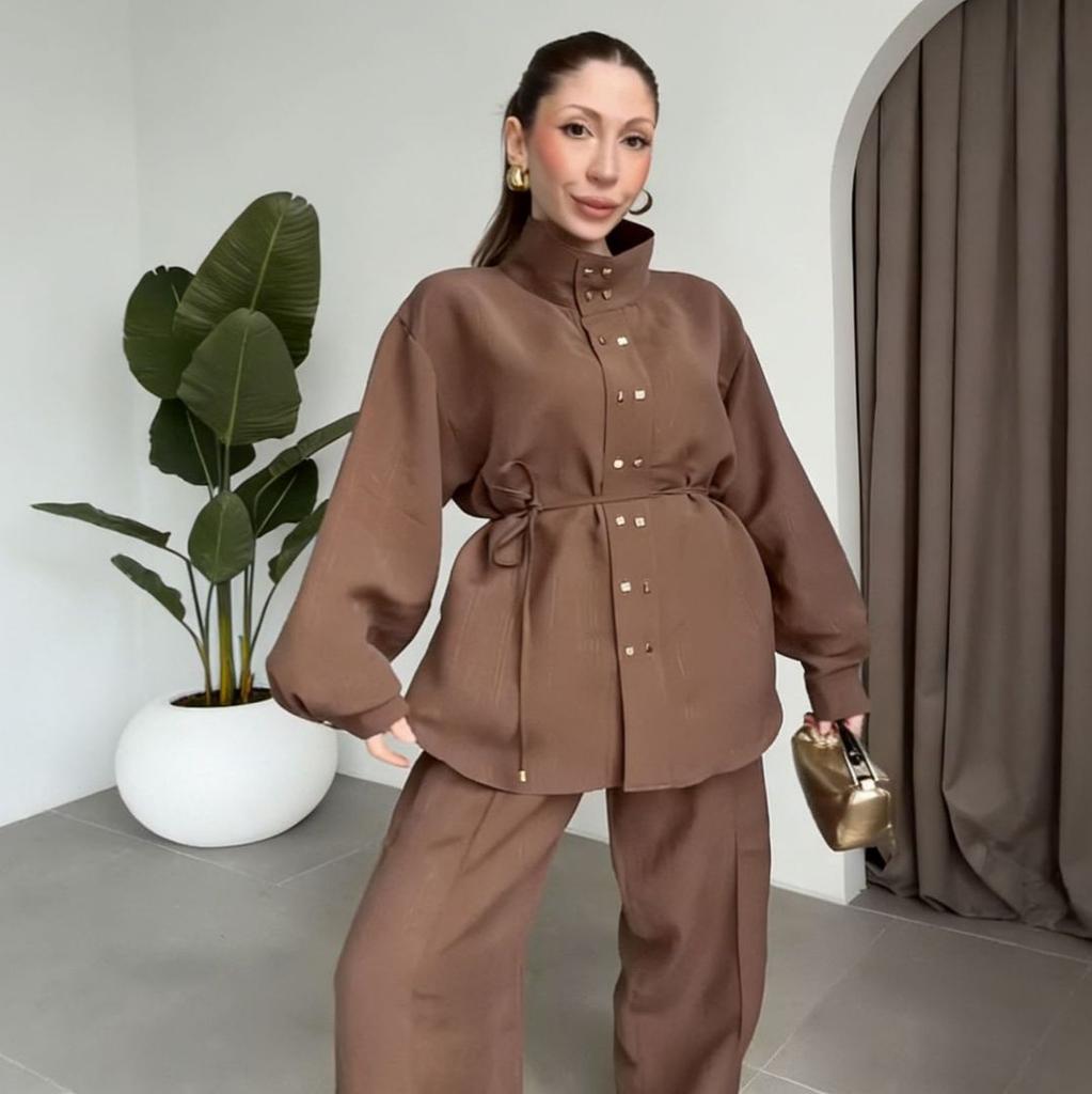 Cross-border European and American women's clothing Amazon stand-up collar casual button lantern sleeve top fashion wide-leg pants