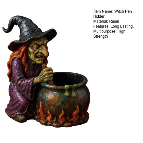 Witch Pen Holder Halloween Decoration Large Capacity Spooky Witch Design Desktop Pen Organizer Makeup Brush Holder